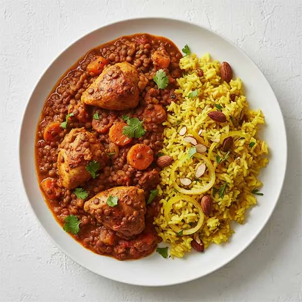 Moroccan chicken & lentil stew with saffron preserved lemon pilaf